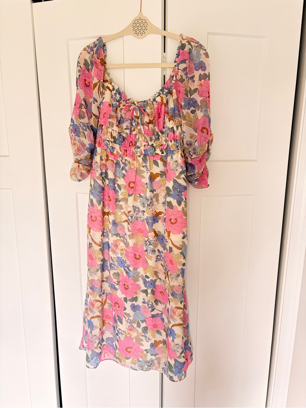 Lush Pink Floral Ruffle Midi Dress